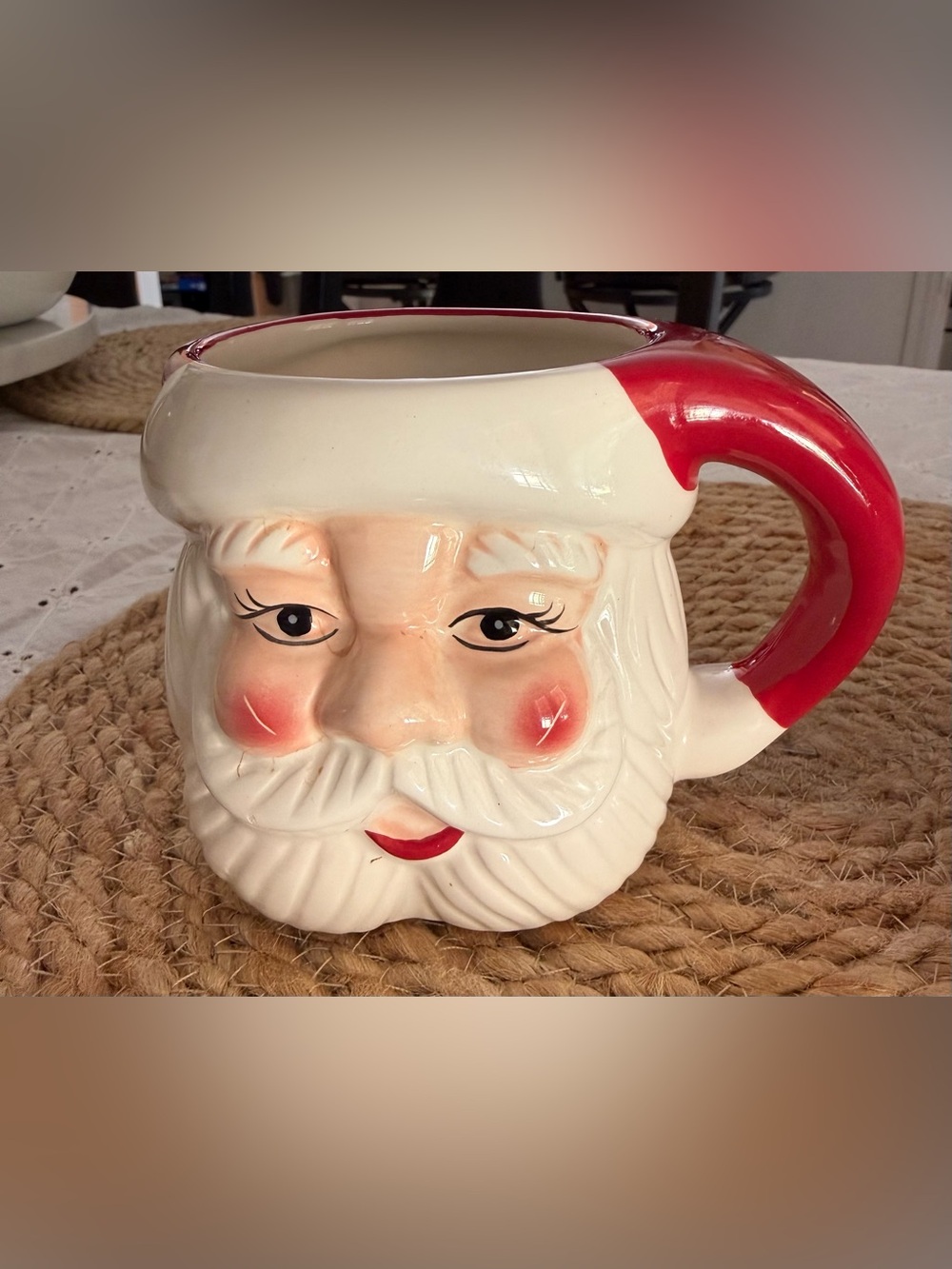 2 Pottery Barn White Santa Face Ceramic Mugs with Red Accent.